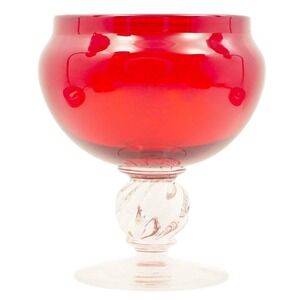 Pairpoint Red Compote / Comport w/ Clear Swirl Ball Stem 6.25" Tall 5.5 Diameter